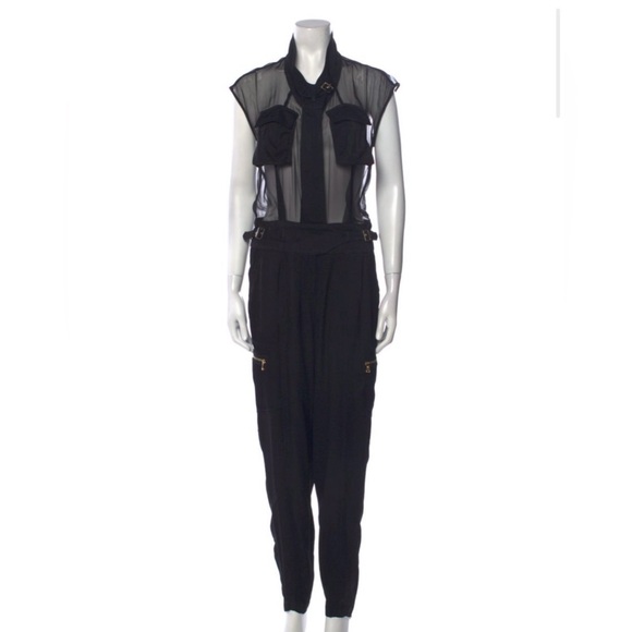 Jason Wu Pants - Jason Wu Black Sheer Utility Jumpsuit XS (US 2) Gold Zip Detail